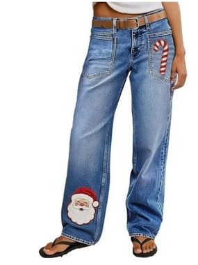 Flamingals Christmas Santa Pattern Embroidered Patch Pocket Jeans